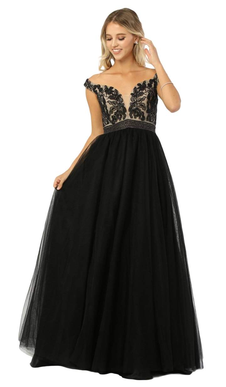 Nox Anabel - Beaded Deep Off-Shoulder Ballgown E166 In Black