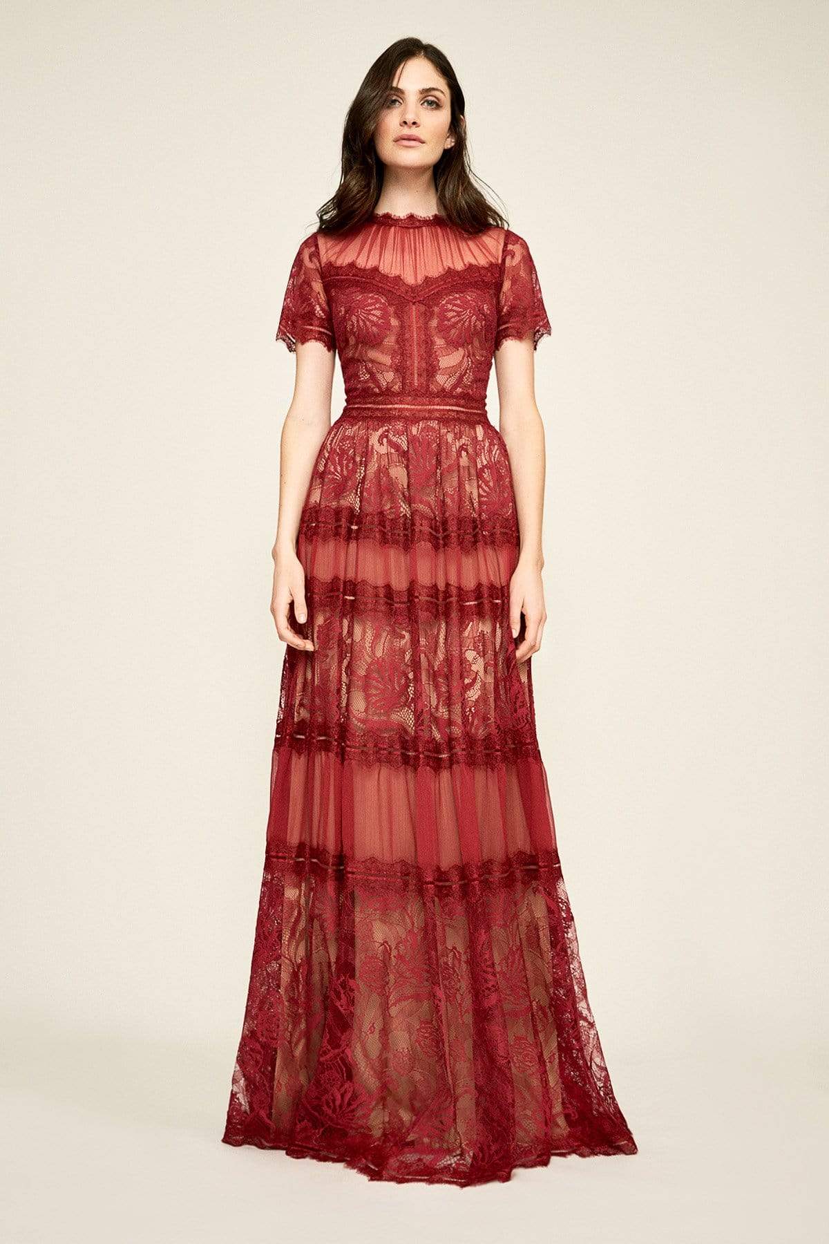 Tadashi Shoji - Lace Gathered Jewel A-Line Dress In Red and Neutral