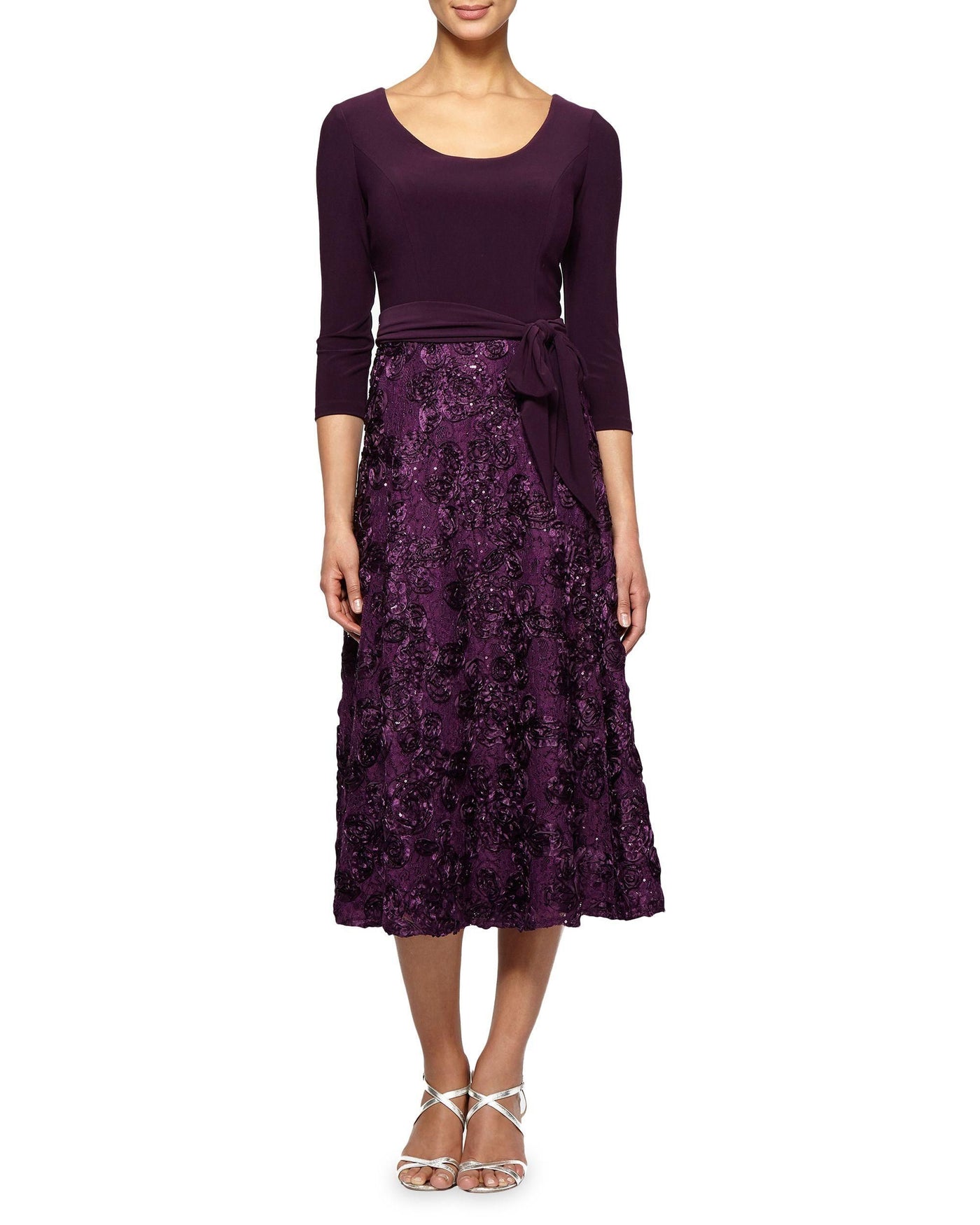 Alex Evenings - 1121875 Quarter Sleeve Jersey Lace Tea Length Dress In Purple