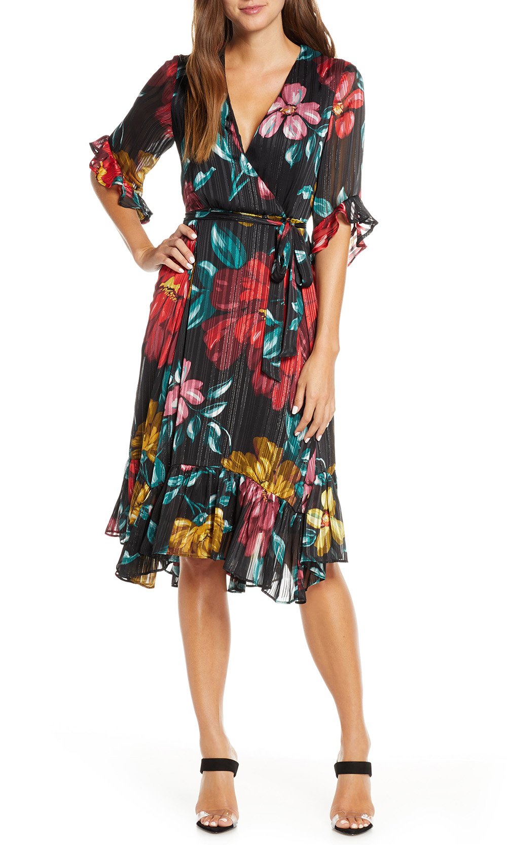 Maison Tara - 91125M Tea Length Floral Metallic Wrap Style Dress In Floral and Multi-Color