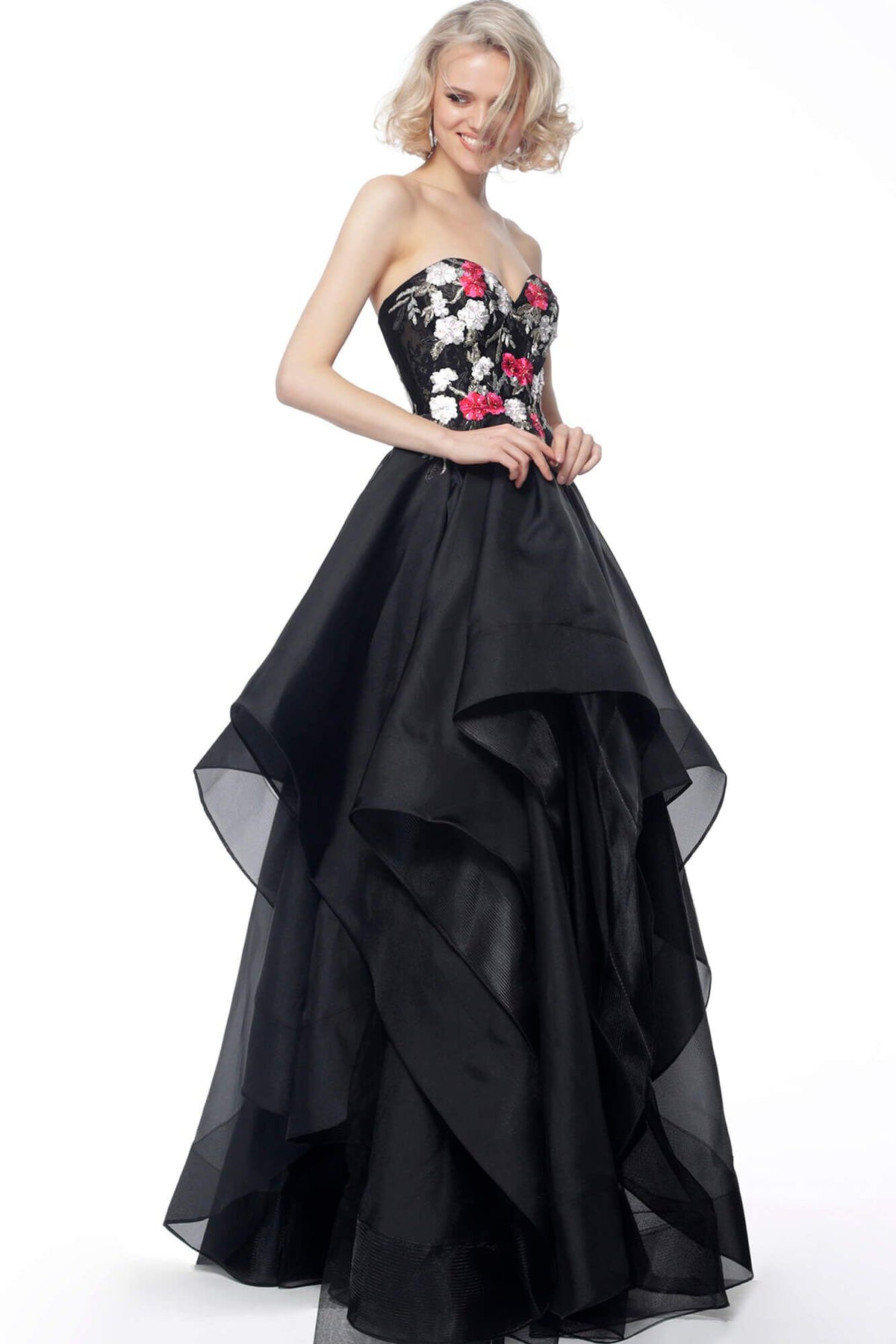 Jovani - 67206 Strapless Ruffled Skirt A-line Dress In Black and Multi