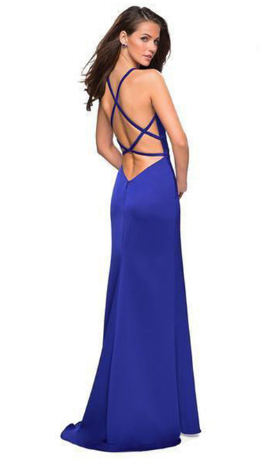 La Femme - Halter Neck High Slit Long Gown 26946SC In Blue