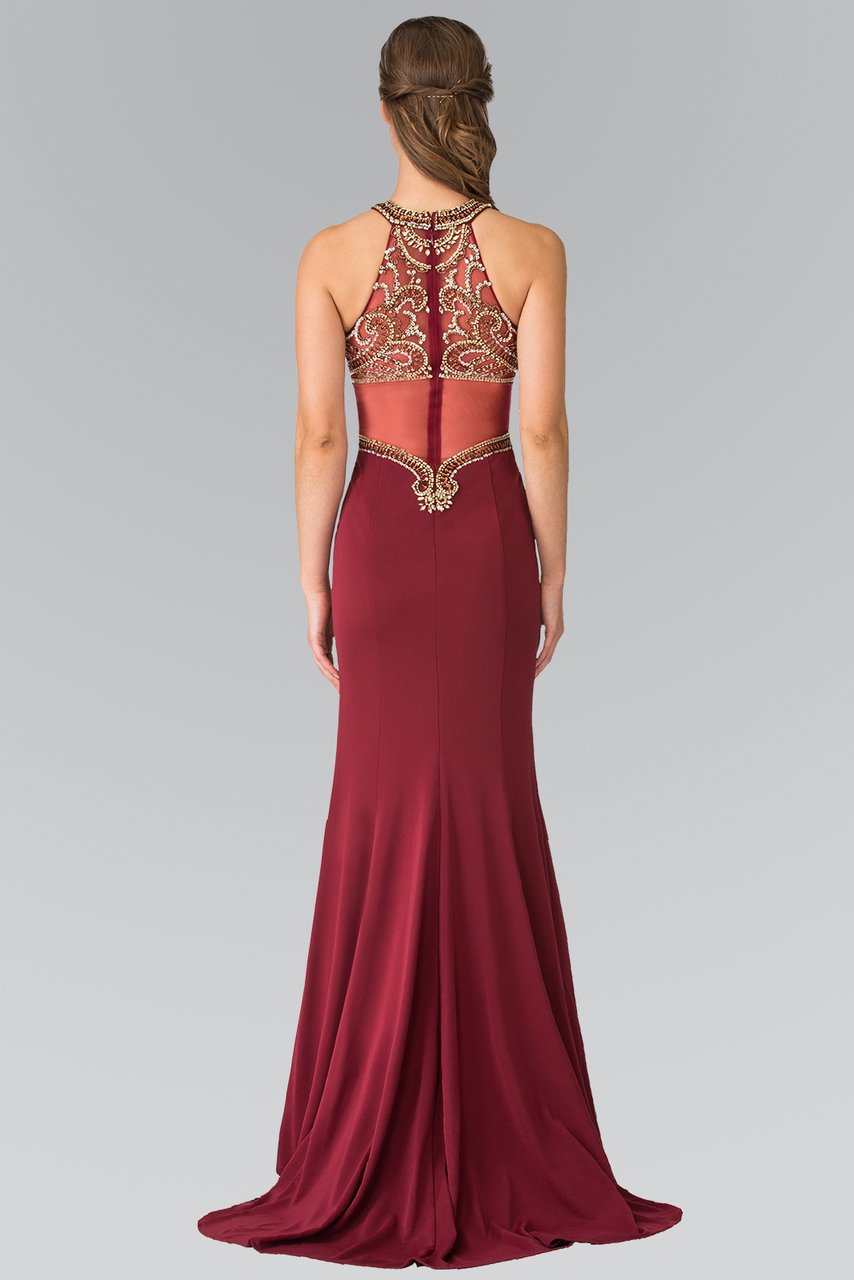 Elizabeth K - Bead Embellished Halter Sheer Back Evening Gown GL2328 - 1 pc Burgundy In Size XS Available CCSALE XS / Burgundy