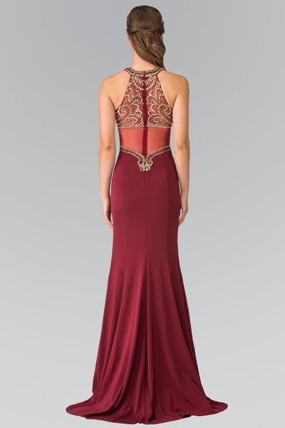 Elizabeth K - Bead Embellished Halter Sheer Back Evening Gown GL2328 - 1 pc Burgundy In Size XS Available CCSALE XS / Burgundy