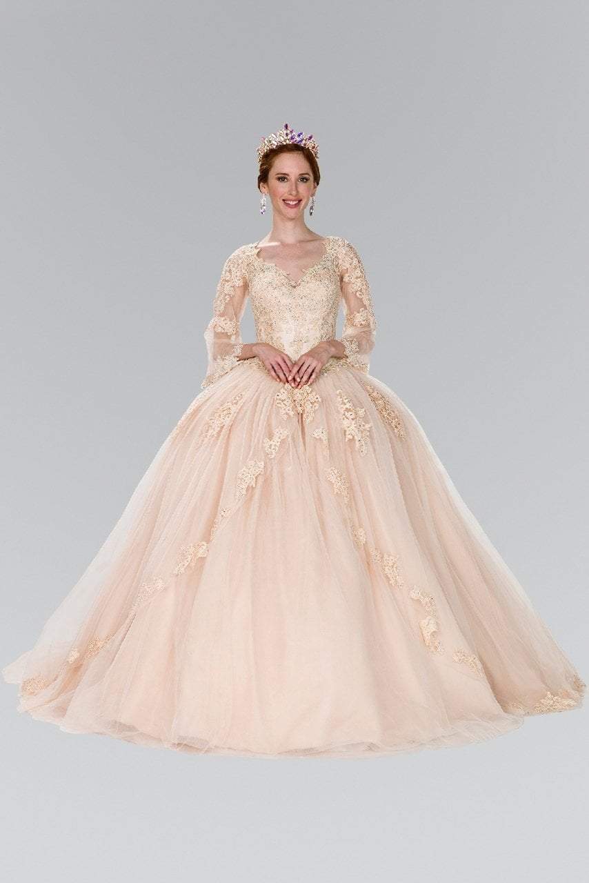 Elizabeth K Bridal Floral Lace Illusion V-Neck Ballgown GL2377 CCSALE S / Champagne