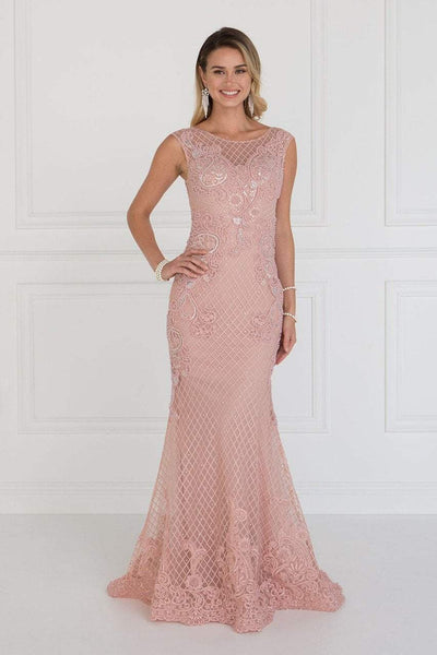 Elizabeth K Bridal - GL1536 Embellished Sheer Bateau Sheath Dress Wedding Dresses XS / D/Rose