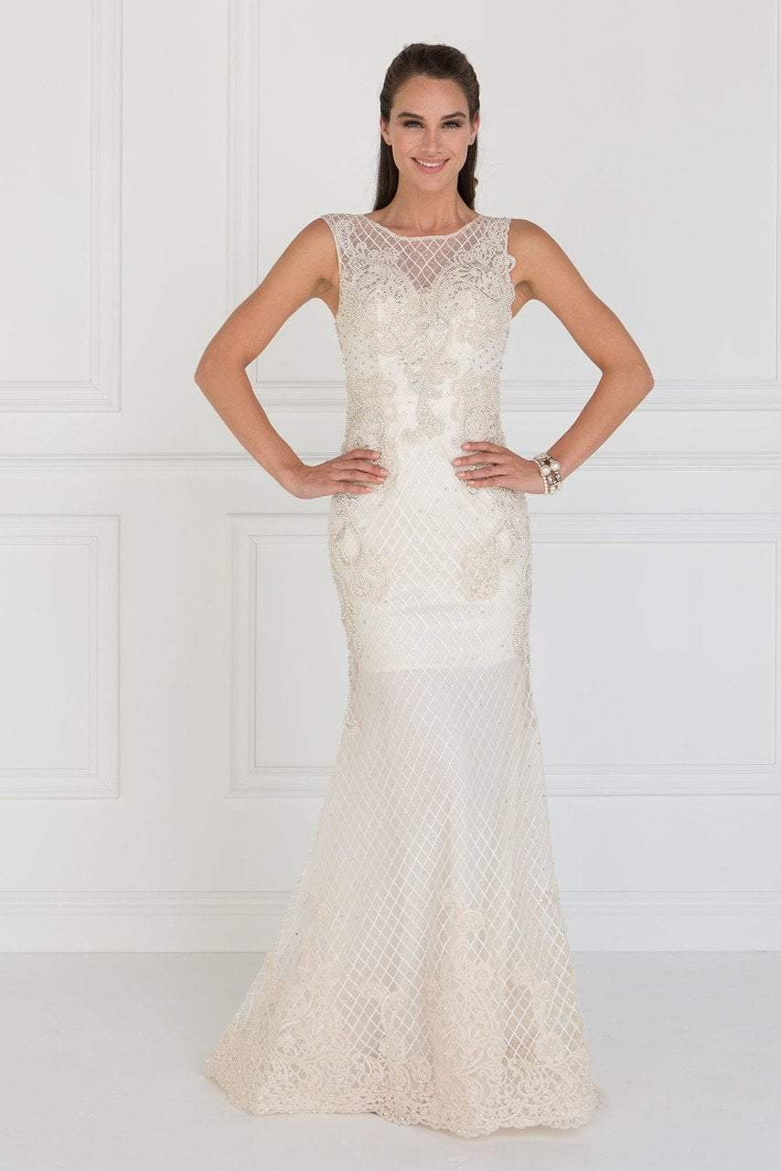 Elizabeth K Bridal - GL1536 Embellished Sheer Bateau Sheath Dress Wedding Dresses XS / Ivory/Champagne