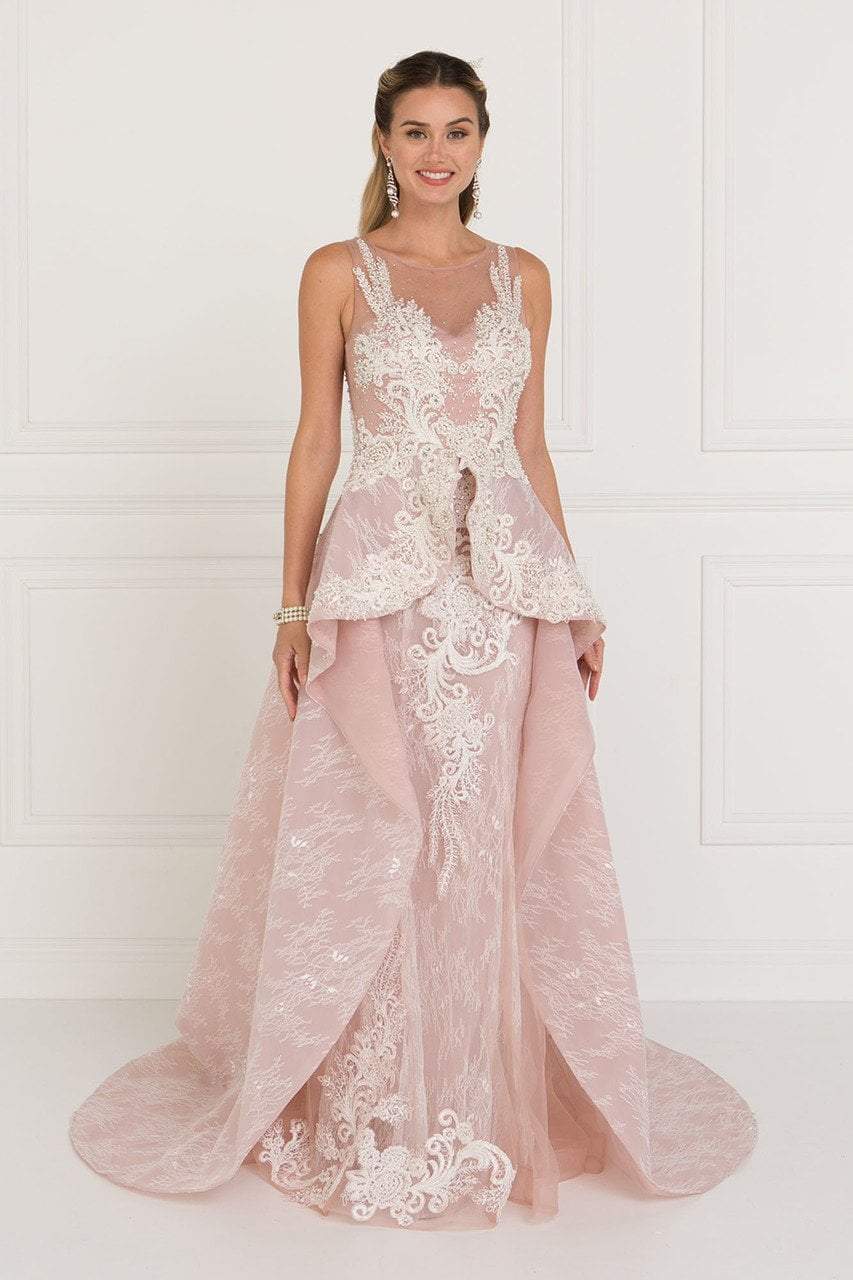 Elizabeth K Bridal - GL1538 Beaded Lace Peplum Organza Gown Special Occasion Dress XS / Mauve