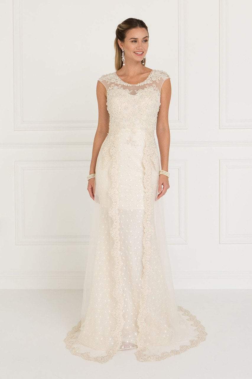Elizabeth K Bridal - GL1539 Lace Embellished Illusion Jewel Sheath Dress Mother of the Bride Dresses XS / Ivory/Champagne