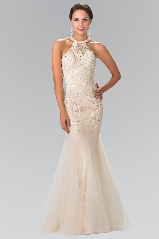 Elizabeth K Bridal - GL2243 Lace Halter Mermaid Gown Special Occasion Dress XS / Champagne