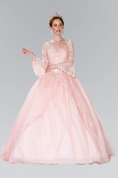Elizabeth K Bridal - GL2377 Illusion Bell Sleeve Lace Bodice Ballgown Wedding Dresses XS / Blush