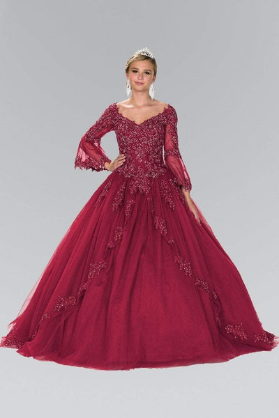 Elizabeth K Bridal - GL2377 Illusion Bell Sleeve Lace Bodice Ballgown Wedding Dresses XS / Burgundy