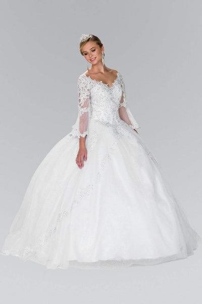 Elizabeth K Bridal - GL2377 Illusion Bell Sleeve Lace Bodice Ballgown Wedding Dresses XS / White