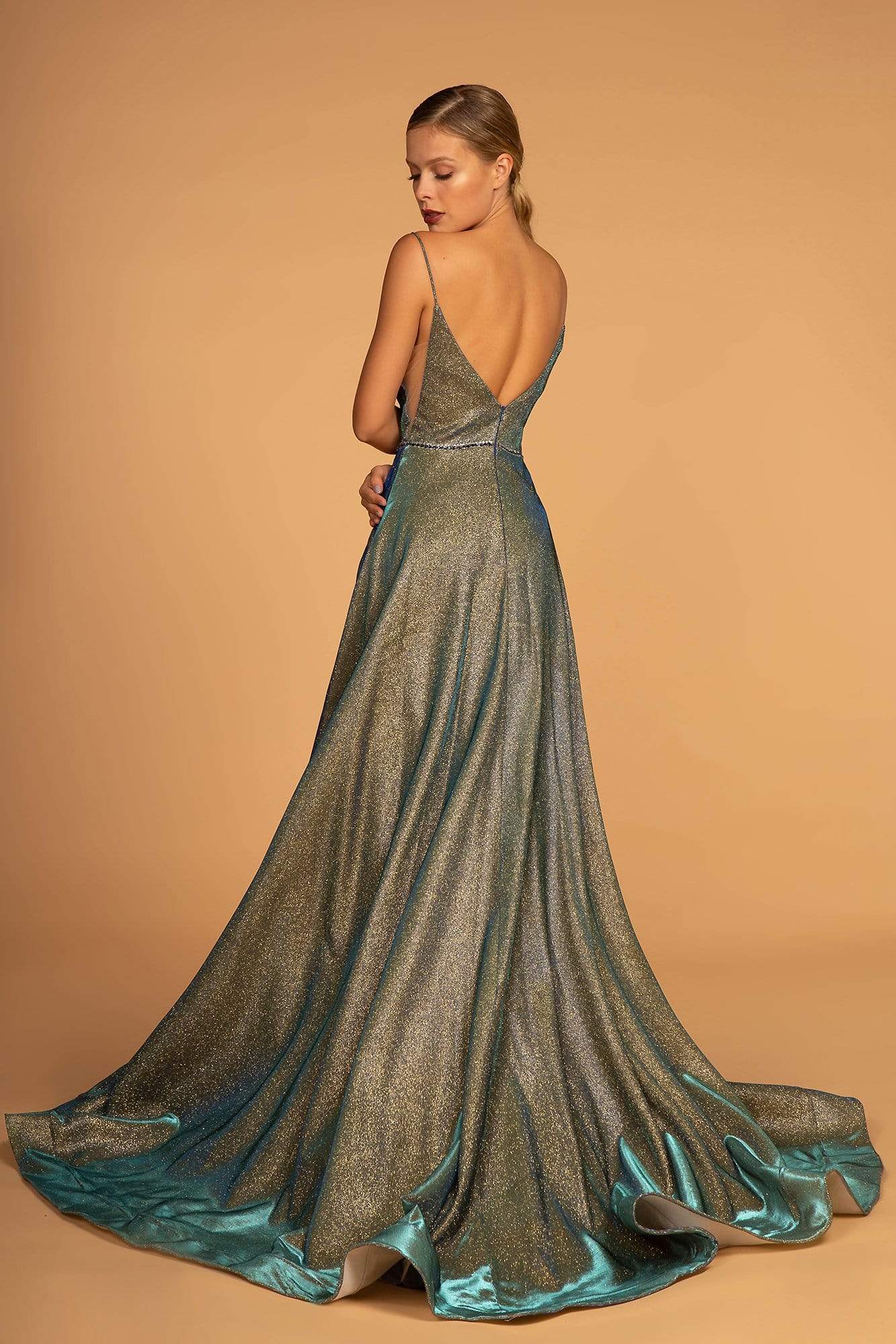 Elizabeth K Bridal - GL2644 Glitter Crepe Deep V-neck A-line Dress Special Occasion Dress