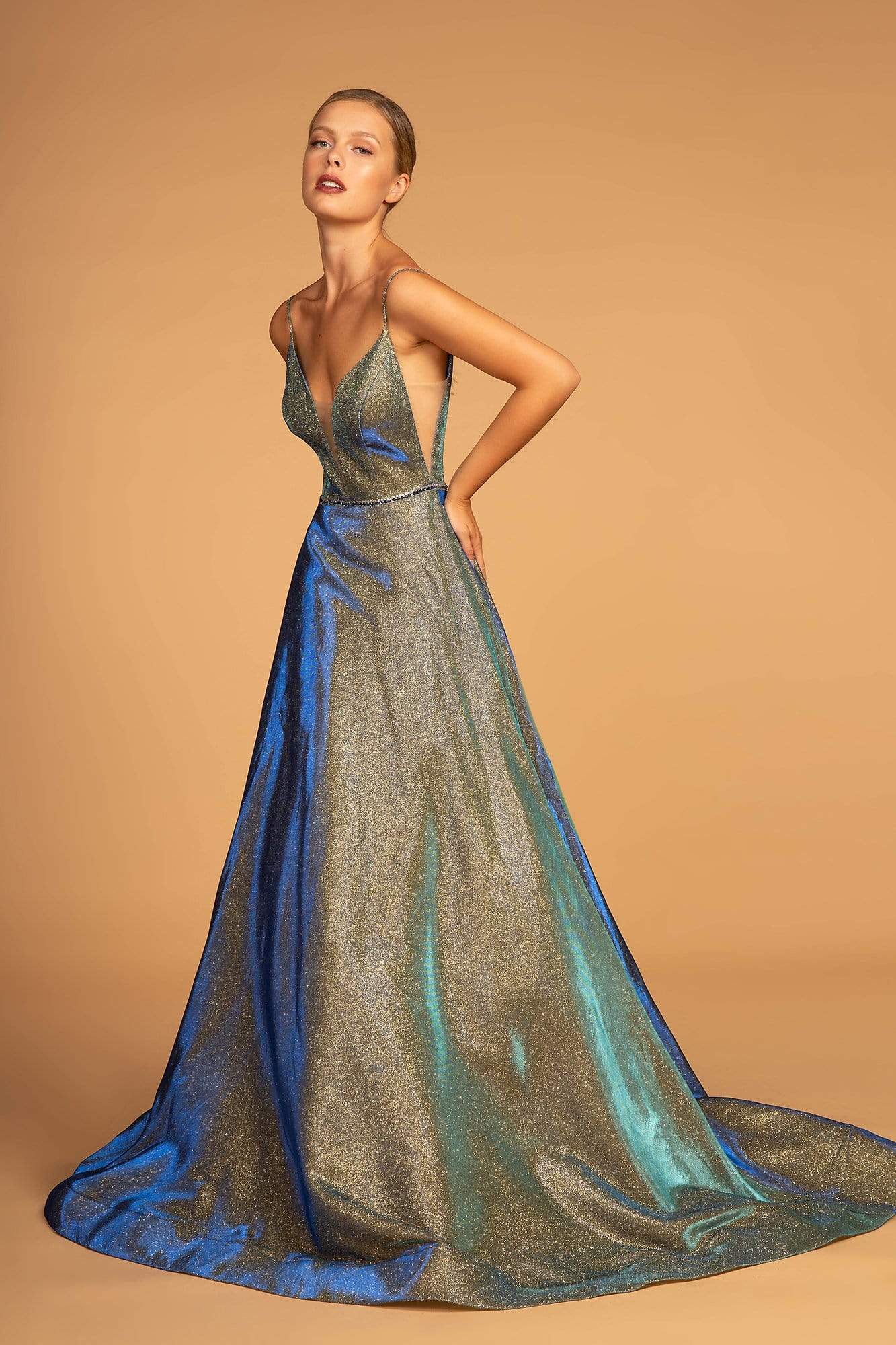 Elizabeth K Bridal - GL2644 Glitter Crepe Deep V-neck A-line Dress Special Occasion Dress XS / Aqua
