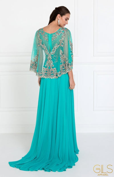 Elizabeth K - Embroidered Cape Sleeves Chiffon A-Line Dress GL1527 CCSALE