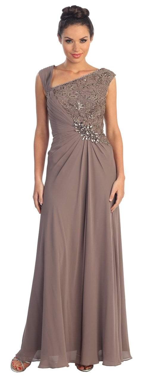 Elizabeth K - GL1003 One Shoulder Ruched Applique Gown Special Occasion Dress XS / L/Brown
