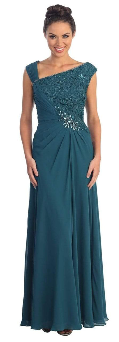 Elizabeth K - GL1003 One Shoulder Ruched Applique Gown Special Occasion Dress XS / Teal