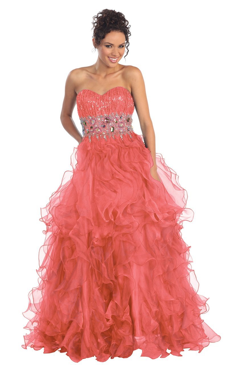 Elizabeth K - GL1026 Jeweled Sweetheart Long Ruffled Dress Special Occasion Dress XS / Coral