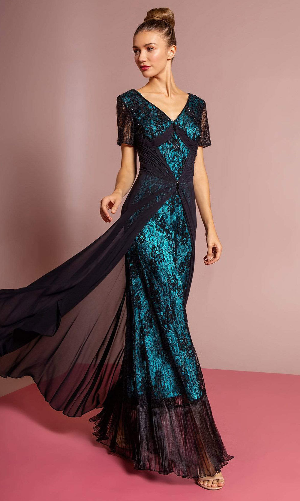 Elizabeth K - Short Sleeve Lace Overskirt Dress GL1081SC In Blue and Black