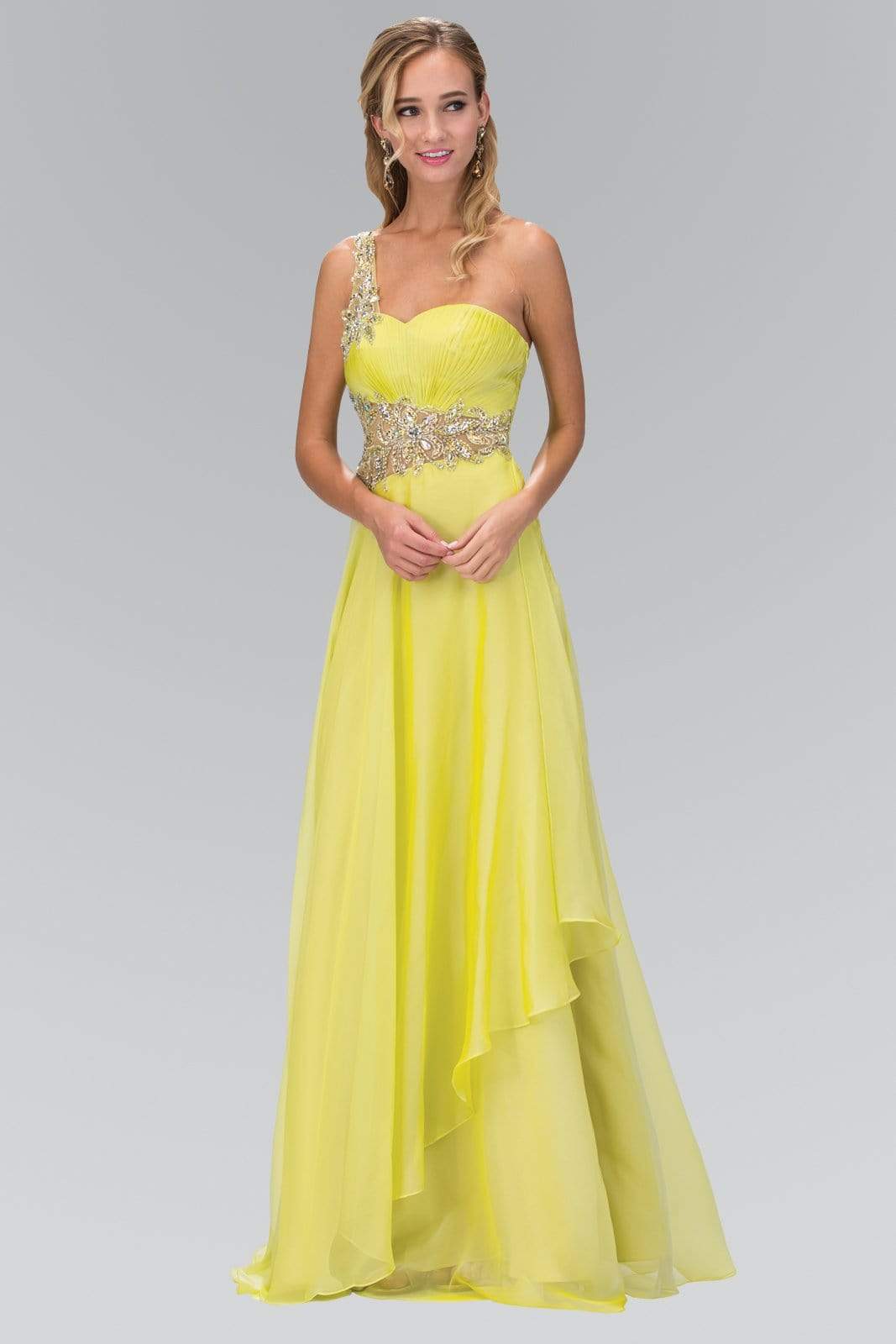 Elizabeth K - GL1083 One Shoulder Jewel Embellished Chiffon Gown Special Occasion Dress XS / Lime-Yellow