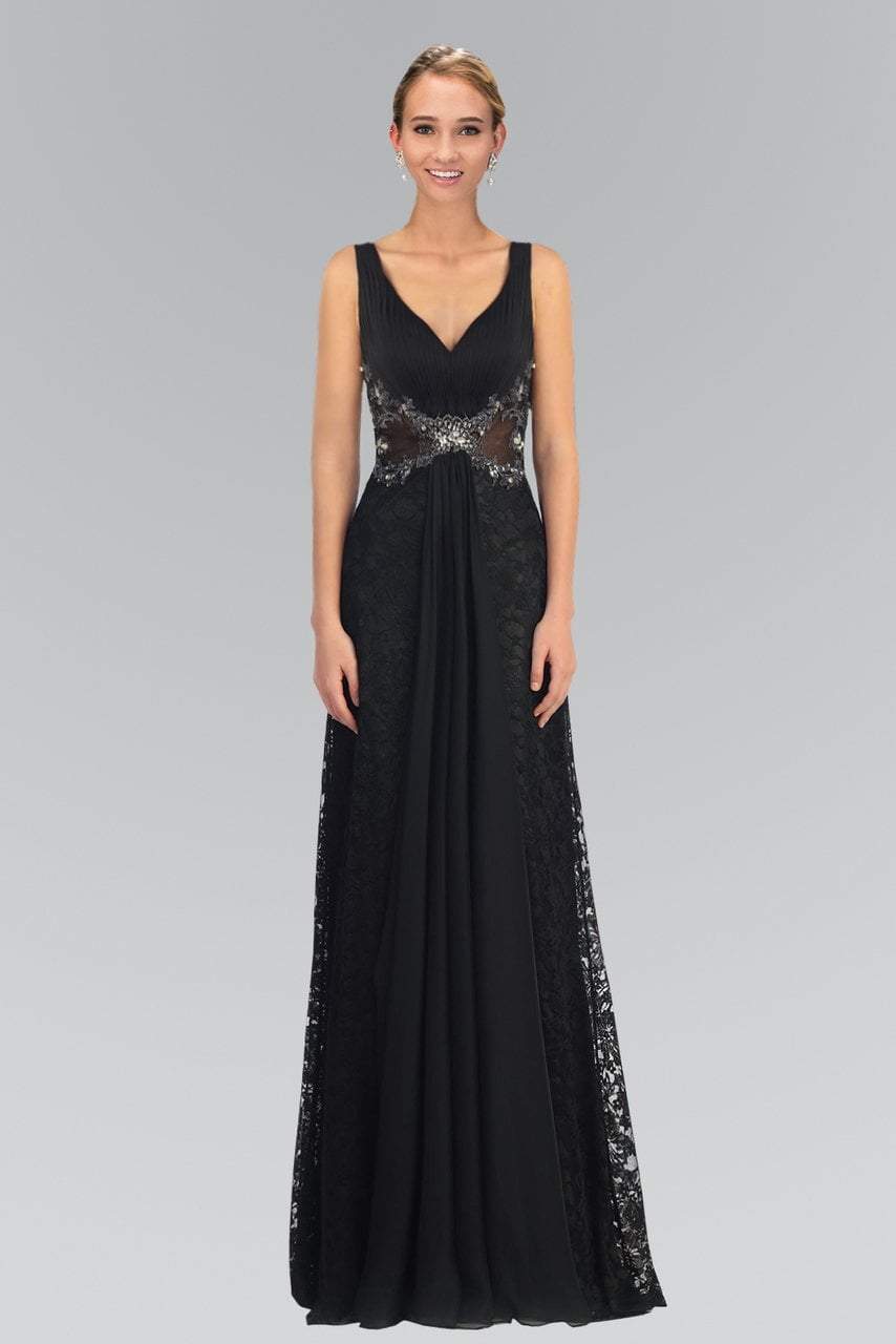 Elizabeth K - GL1092 Lace Overlay V-Neck A-Line Gown Special Occasion Dress XS / Black