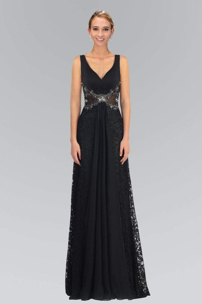 Elizabeth K - GL1092 Lace Overlay V-Neck A-Line Gown Special Occasion Dress XS / Black