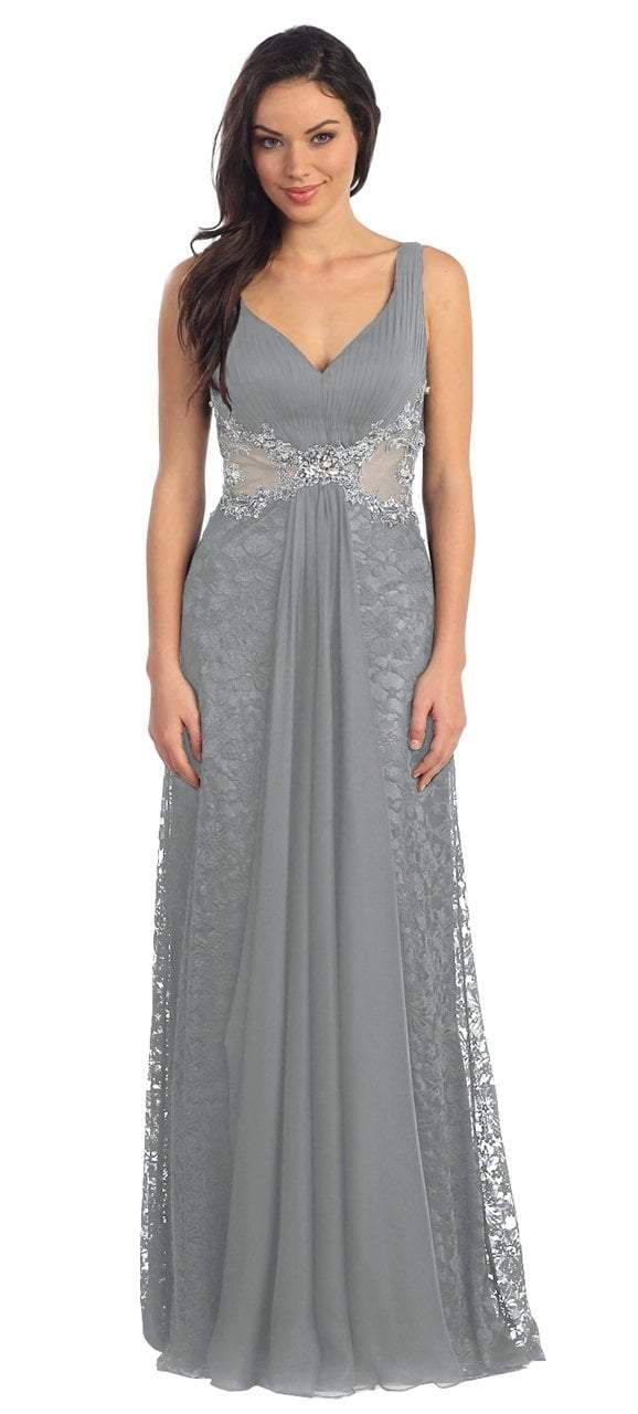 Elizabeth K - GL1092 Lace Overlay V-Neck A-Line Gown Special Occasion Dress XS / Silver