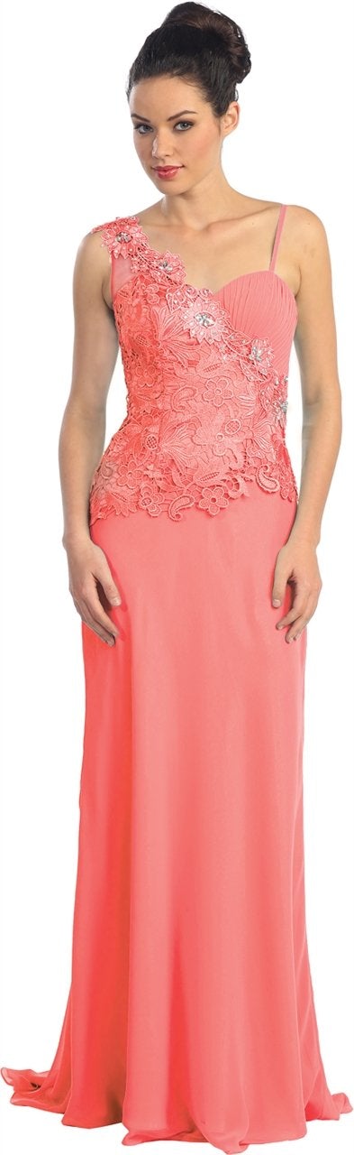 Elizabeth K - GL1093 Lace Embellished Asymmetrical Neck Dress Special Occasion Dress XS / Coral