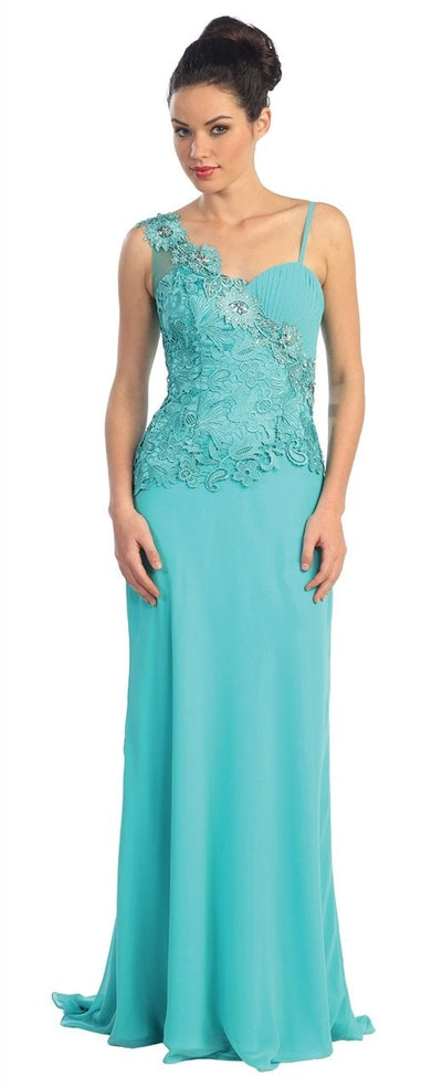 Elizabeth K - GL1093 Lace Embellished Asymmetrical Neck Dress Special Occasion Dress XS / Tiffany