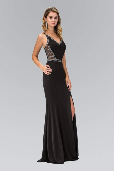 Elizabeth K - GL1359 V-Neck Jersey Sheath Gown with Slit Special Occasion Dress XS / Black