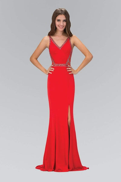 Elizabeth K - GL1359 V-Neck Jersey Sheath Gown with Slit Special Occasion Dress XS / Red