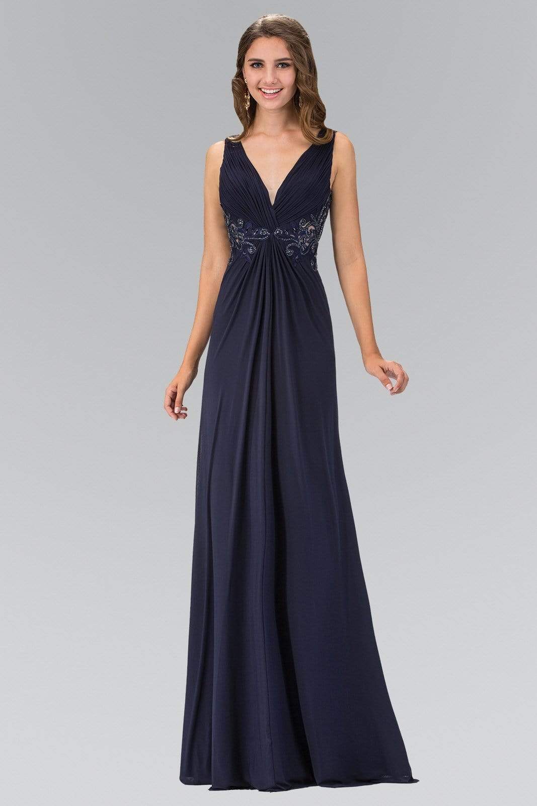 Elizabeth K GL1377 Embellished Ruched V-Neck A-line Dress - 1 Pc Royal Blue in Size XS Available CCSALE XS / Royal Blue