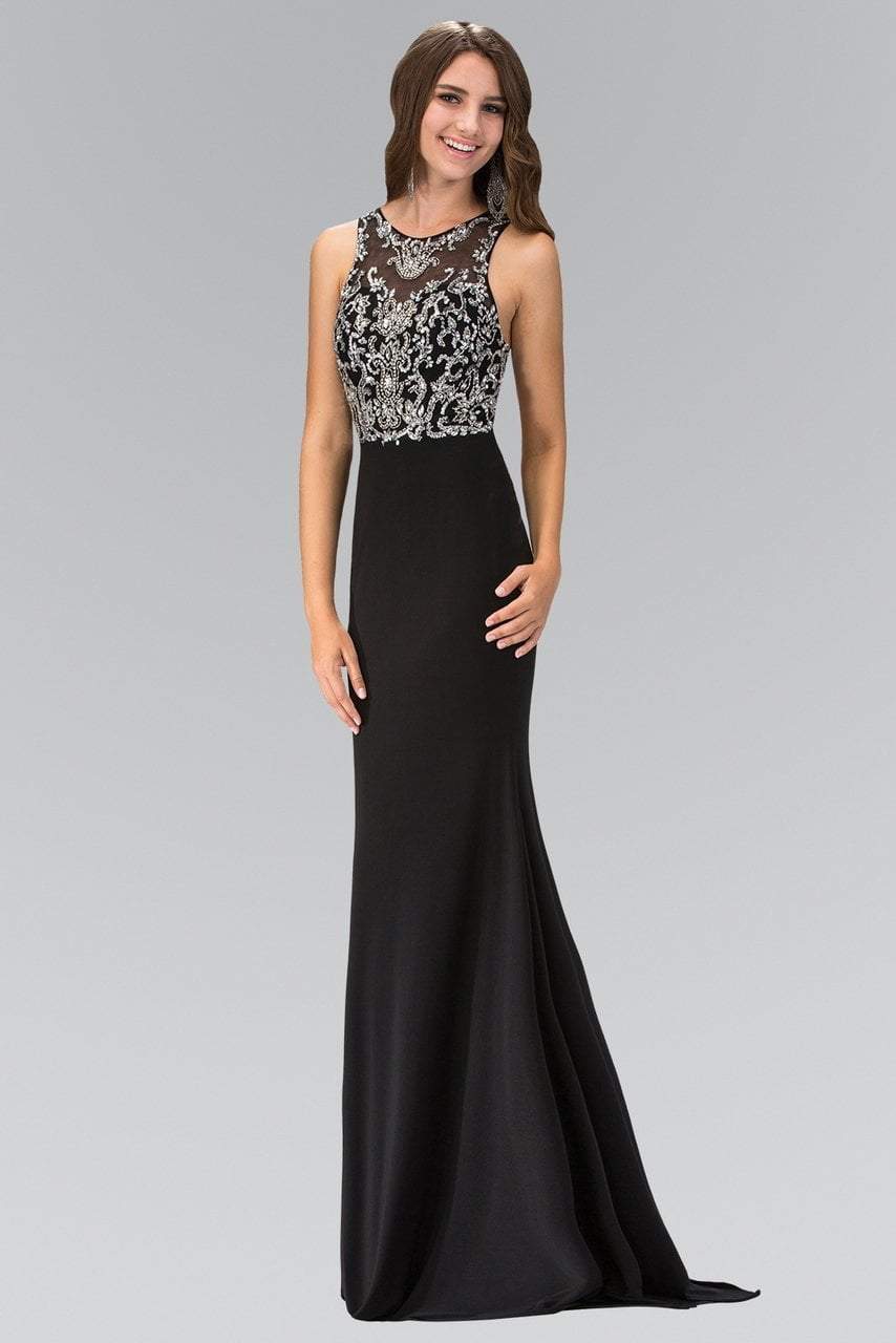 Elizabeth K - GL1385 Jewel Ornate Illusion Sheath Gown Special Occasion Dress XS / Black
