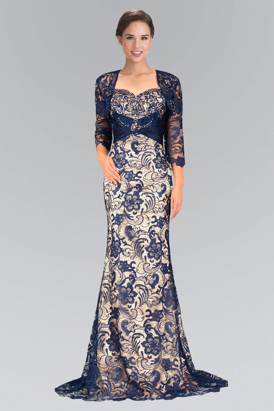 Elizabeth K - GL1419 Embellished Lace Sweetheart Trumpet Dress Special Occasion Dress XS / Navy