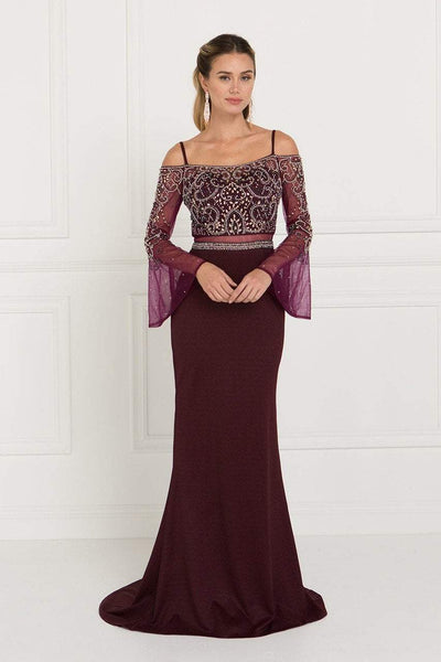 Elizabeth K - GL1500 Two Piece Sheer Dress with Bell Sleeves Special Occasion Dress XS / Burgundy