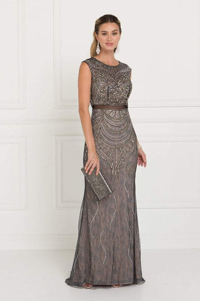 Elizabeth K - GL1503 Sheer Lace Embellished Evening Gown Special Occasion Dress XS / Charcoal