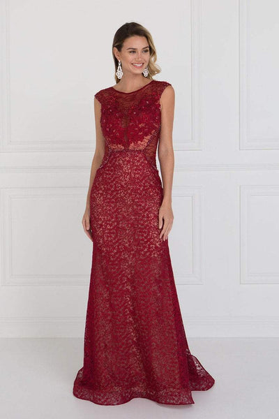 Elizabeth K - GL1531 Embellished Illusion Fitted Evening Dress Special Occasion Dress XS / Burgundy