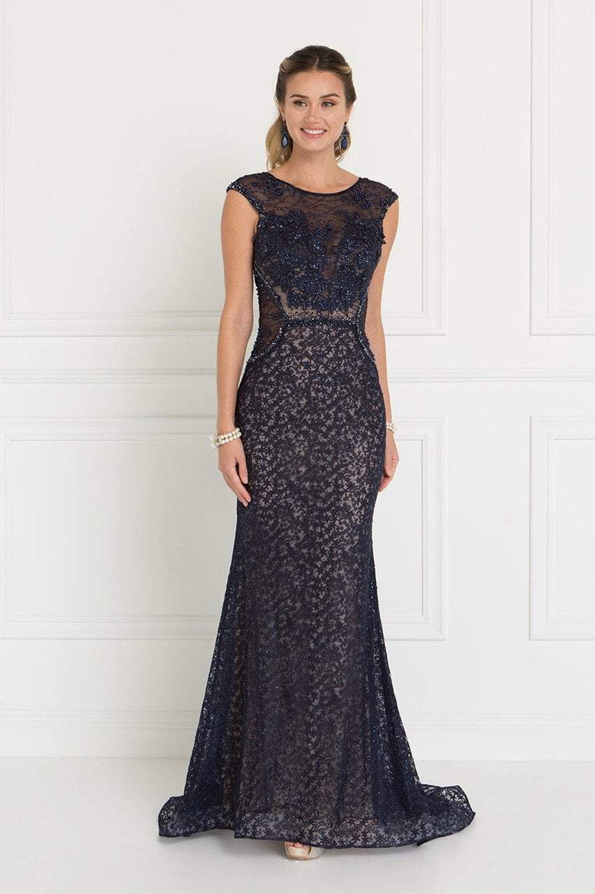 Elizabeth K - GL1531 Embellished Illusion Fitted Evening Dress Special Occasion Dress XS / Navy
