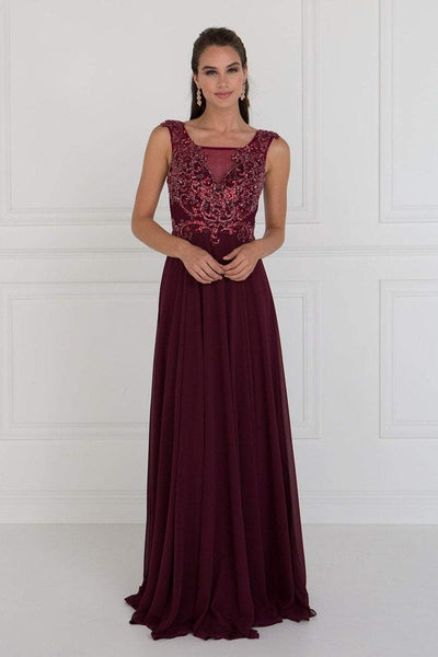 Elizabeth K - GL1566 Beaded Square Neck Chiffon A-line Dress Special Occasion Dress XS / Burgundy