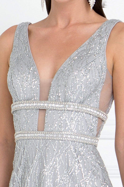 Elizabeth K - GL1575 Sequined Deep V-neck Organza A-line Dress Evening Dresses