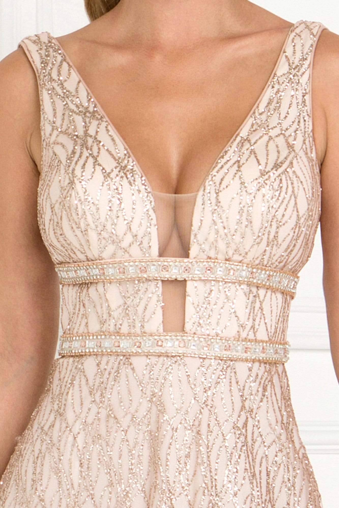 Elizabeth K - GL1575 Sequined Deep V-neck Organza A-line Dress Evening Dresses