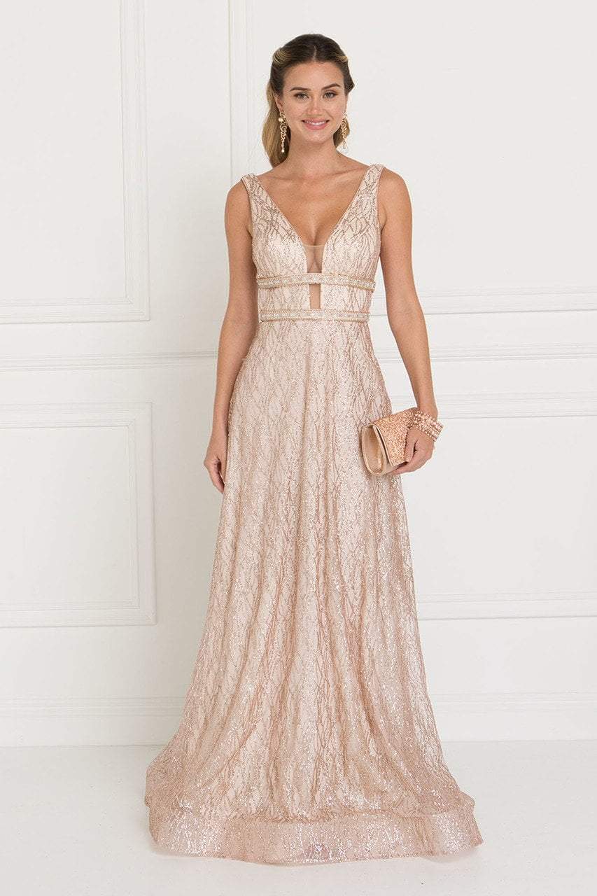 Elizabeth K - GL1575 Sequined Deep V-neck Organza A-line Dress Evening Dresses XS / Champagne