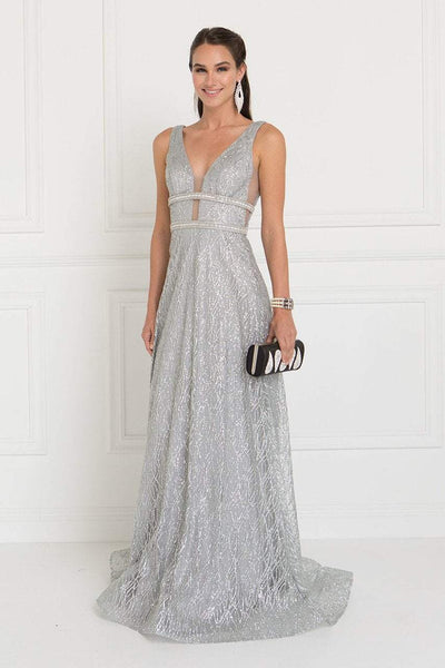Elizabeth K - GL1575 Sequined Deep V-neck Organza A-line Dress Evening Dresses XS / Silver