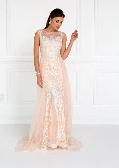Elizabeth K - GL1583 Illusion Bateau Appliqued Tulle Overlay Gown Evening Dresses
