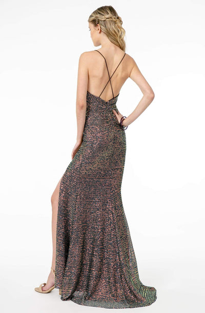 Elizabeth K - GL1813 Sequin Ruched V-Neck Dress With Slit Evening Dresses
