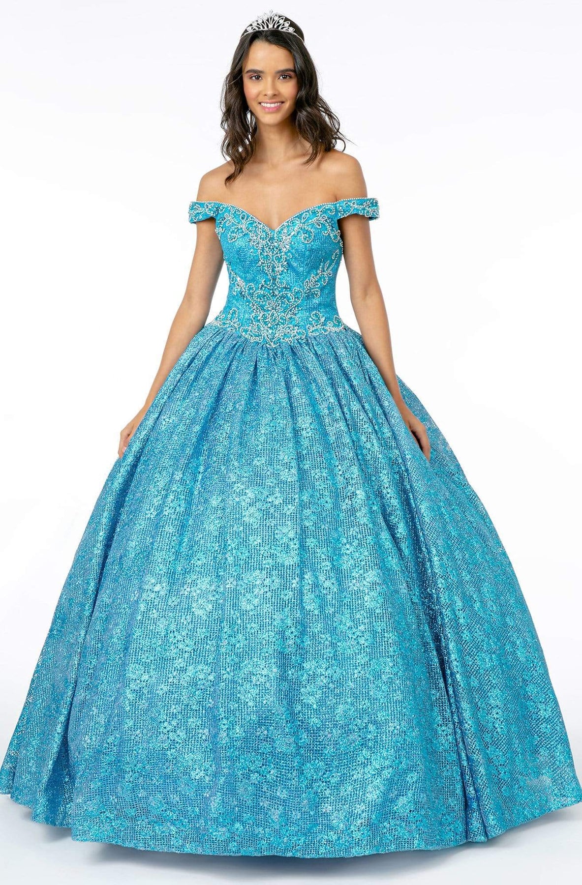 Elizabeth K - GL1821 Crystal Beaded Glitter Netting Quinceanera Dress Quinceanera Dresses XS / Turq