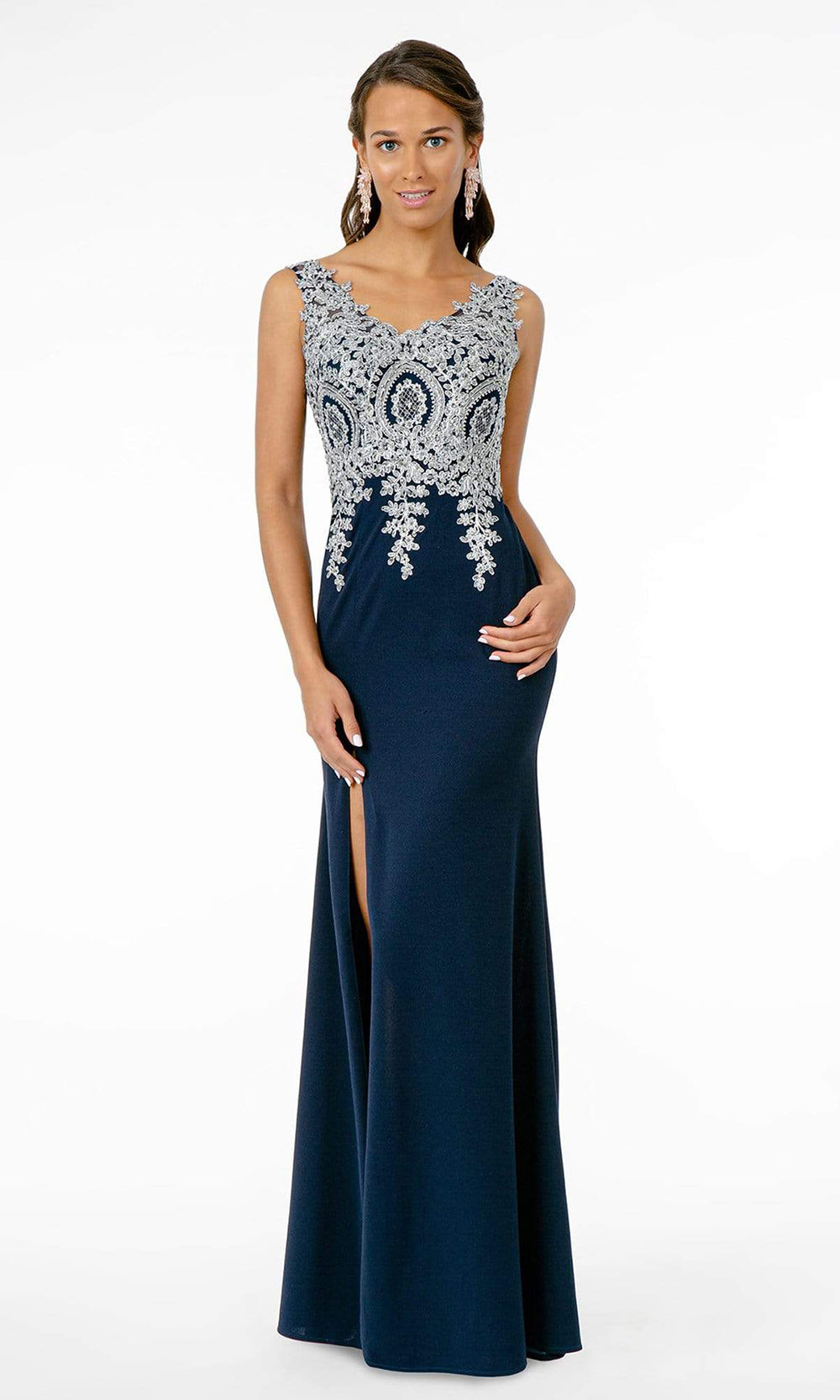Elizabeth K - Metallic Lace High Slit Dress GL1839SC In Blue and Silver