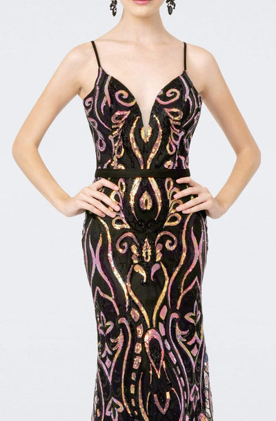 Elizabeth K - GL1845 Plunging V-Neck Iridescent Sequined Gown Evening Dresses