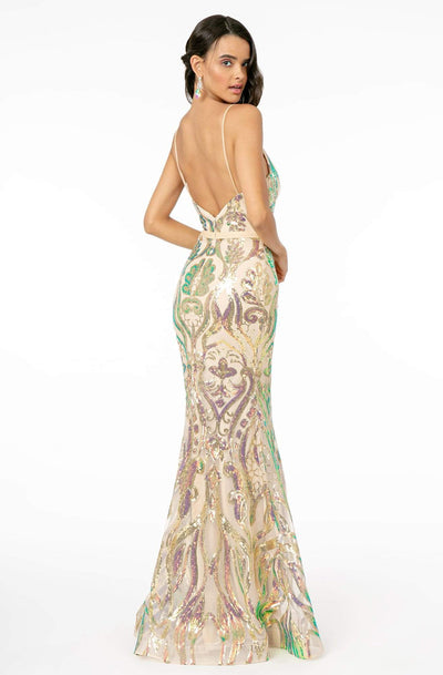 Elizabeth K - GL1845 Plunging V-Neck Iridescent Sequined Gown Evening Dresses